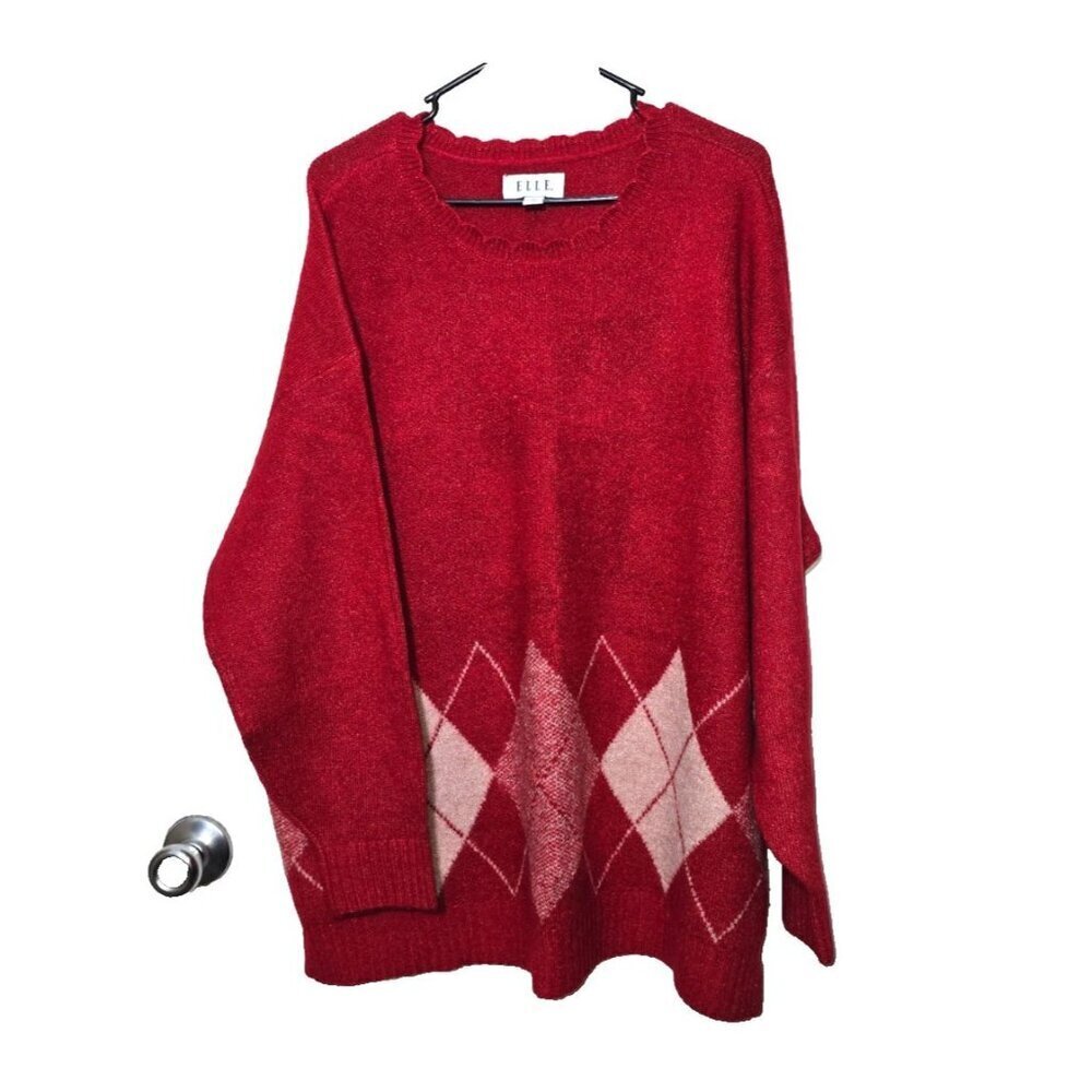 ELLE Sweater XXL Red Metallic Argyle Stretch Scallop Hem Pullover Classic Casual